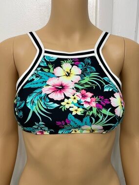 Xhilaration Black Bikini Top with Turquoise and Neon Floral Accents size M